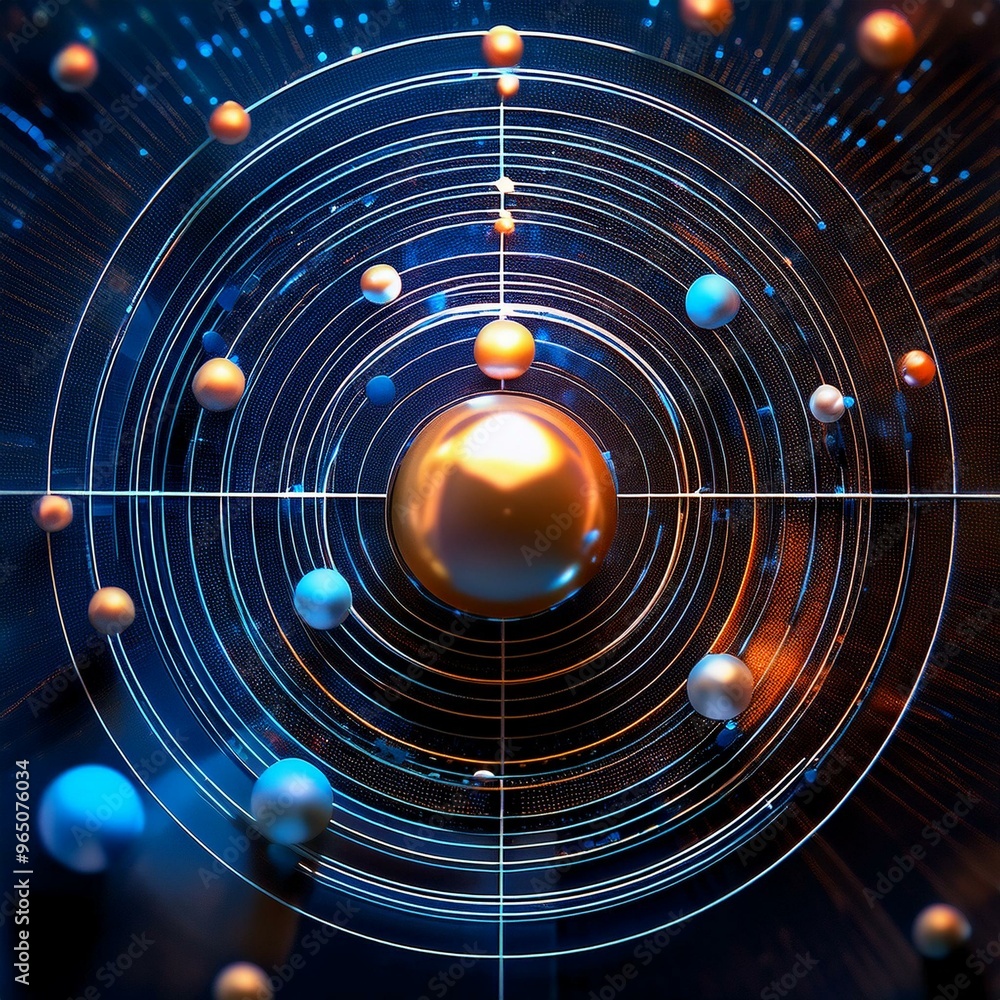Poster atomic models and electron orbitals, visualizing structures and quantum mechanics with focus on atom