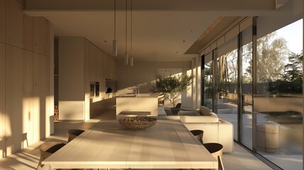 A modern dining room with a large window overlooking a patio.