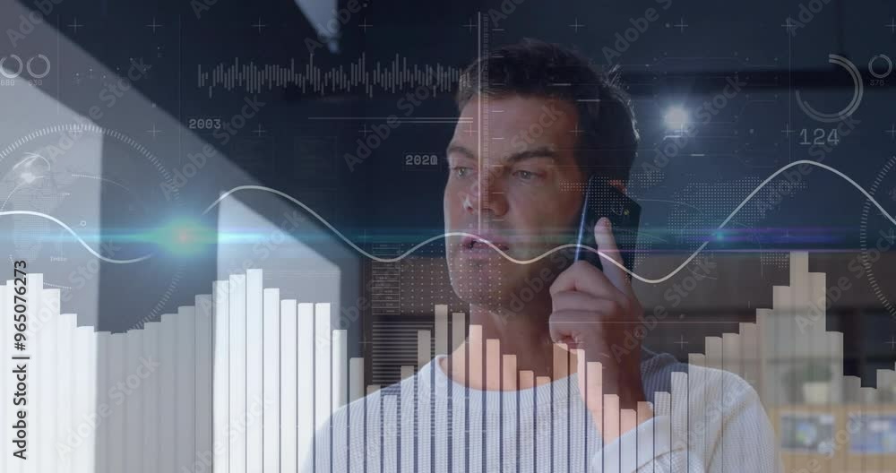 Poster animation of data processing and diagrams over caucasian man talking on smartphone