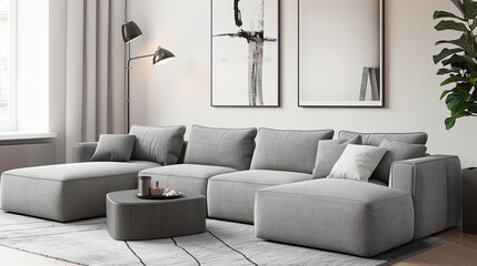 A stylish, modern living room with a large grey sectional sofa, black and gold floor lamp, black framed abstract art, and a plant.