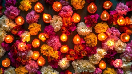 Diwali diya oil lamps with flowers holiday background. Creating a festive and decorative composition.