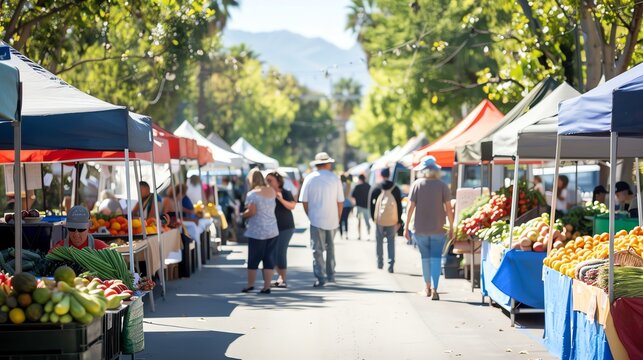 A bustling farmers market with fresh produce on display and people browsing the stalls.