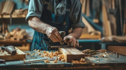 A woodworker uses a chisel to shape a piece of wood.