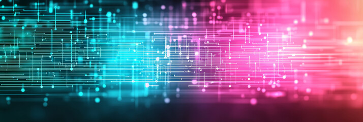 Fototapeta premium Abstract digital background with glowing lines and dots in blue and pink.