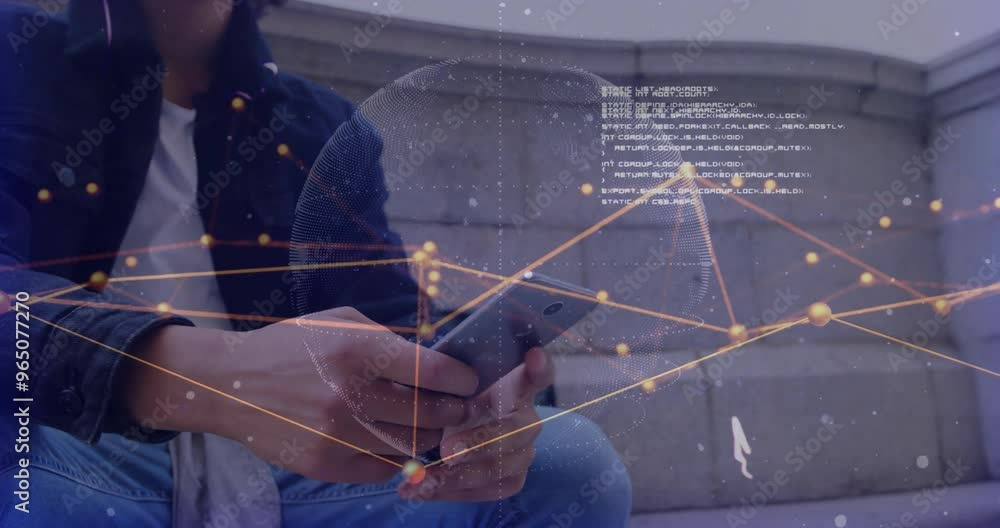 Poster animation of data processing and globe over biracial man using smartphone