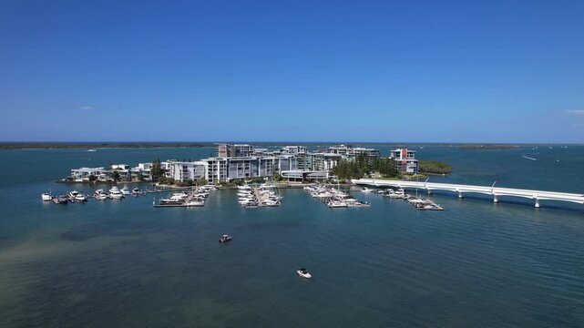 Luxurious Residential Buildings Over Ephraim Island In Paradise Point, Gold Coast, Queensland, Australia. Aerial Drone Shot