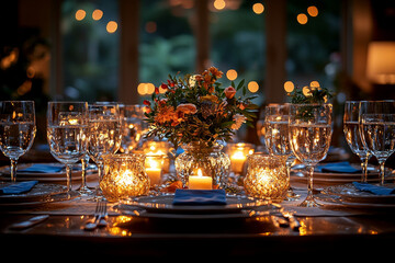 A beautifully set table with candles and flowers for a romantic dinner.