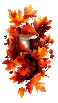 recommend clip art: Weasel clipart, autumn animal, watercolor illustration, crisp outlines, sneaking through fallen leaves, isolated on white background