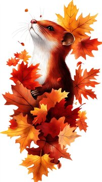 recommend clip art: Weasel clipart, autumn animal, watercolor illustration, crisp outlines, sneaking through fallen leaves, isolated on white background