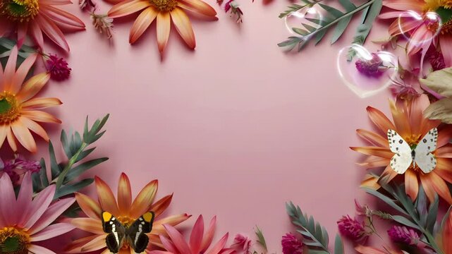 A frame of several colorful flower stalks with a pink background. Seamless 4K looping timelapse video animation background