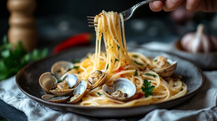 A delectable plate of pasta with clams, set on a linen cloth with a red chili in the background. A hand holds a forkful of spaghetti above the plate, capturing the essence of World Pasta Day