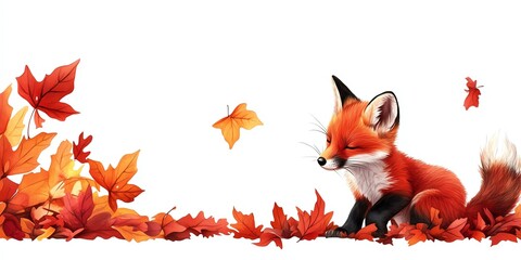 Red fox pup clipart, autumn animal, watercolor illustration, defined edges, playing with fallen leaves, isolated on white background