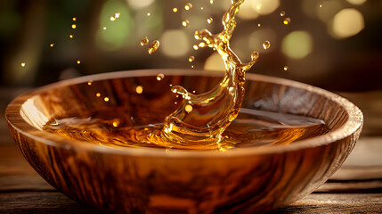 Drops of golden oil splashing into a wooden bowl, highlighting its natural purity and smooth texture in an earthy