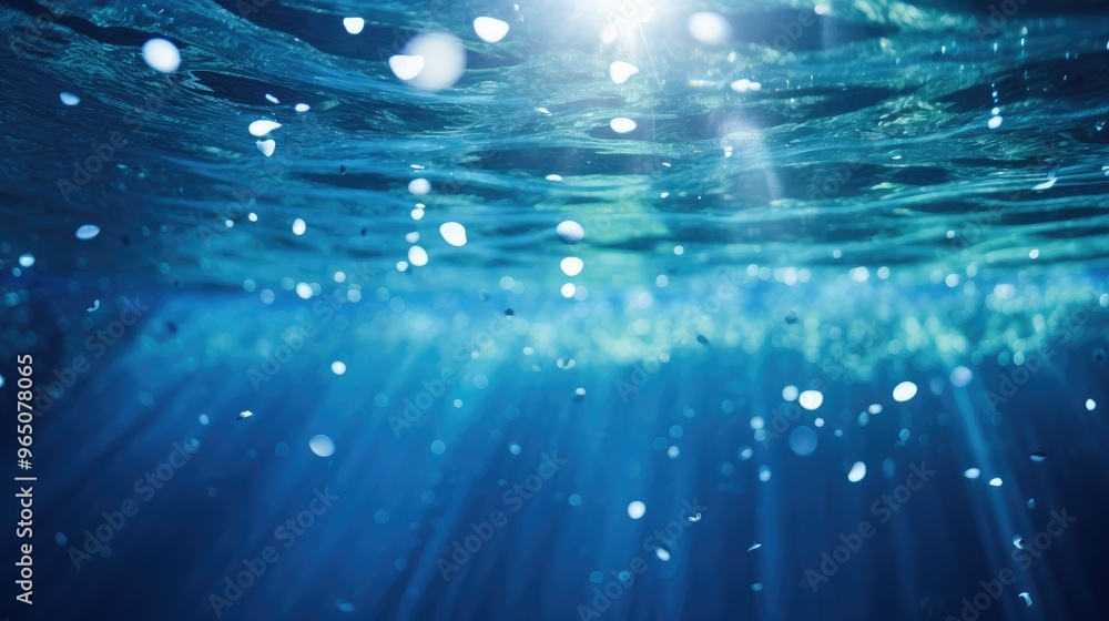 Poster a beautiful underwater scene with sunlight shining through the water, creating a sparkling effect.
