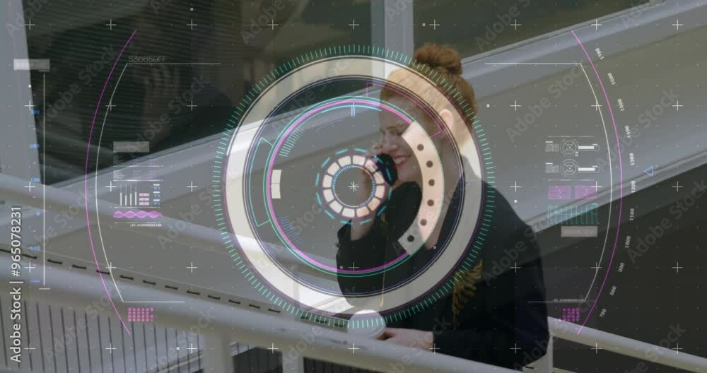 Poster animation of data processing and scope scanning over caucasian woman talking on smartphone
