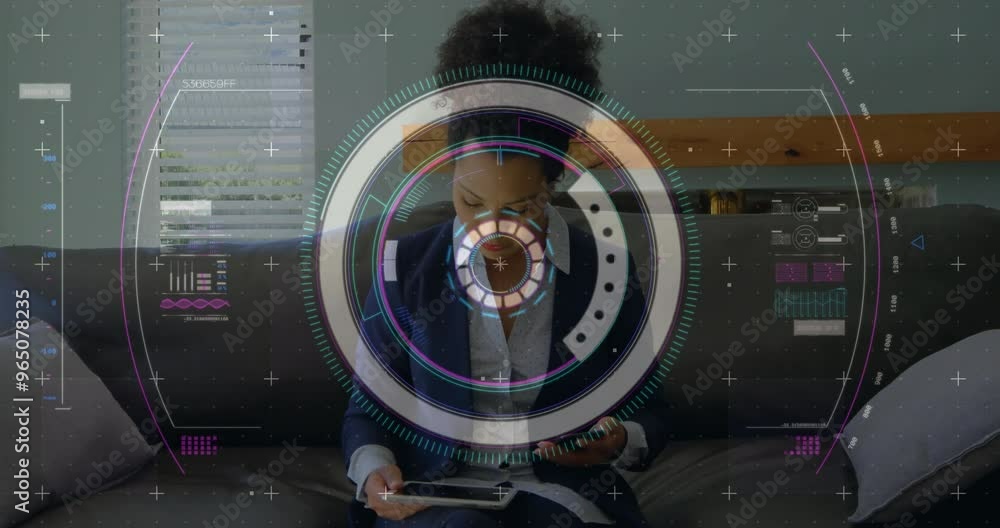 Poster animation of data processing and scope scanning over biracial woman using smartphone