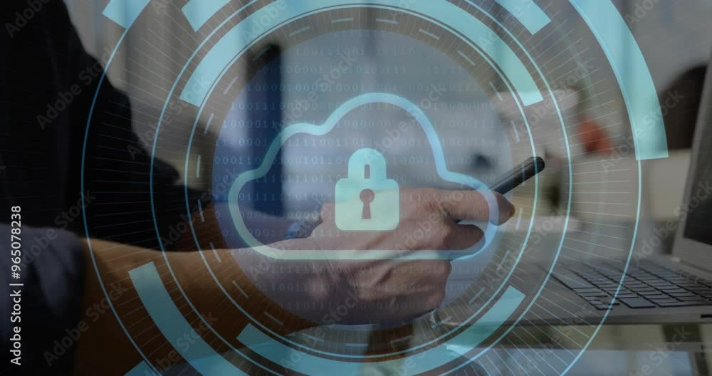 Poster animation of cloud with padlock and scope scanning over caucasian man using smartphone