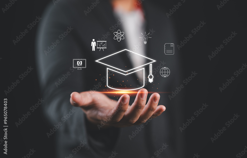 Poster graduate education certificate concept. man hands showing graduation hat, internet online education 