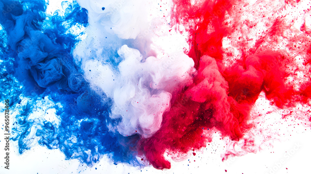 Wall mural multicolored clouds of smoke in blue, white and red colors. the flag of france is made of holi color