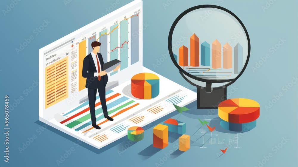 Poster a businessman analyzes financial data on a computer screen, surrounded by charts and graphs. he is f
