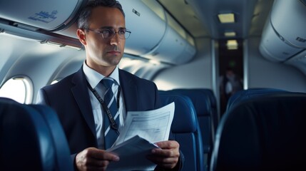 A businessman in a suit and tie reads a document while sitting in an airplane seat. His serious expression suggests he is focused on his work.