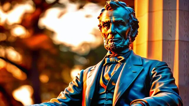  Detailed Statue of Abraham Lincoln with Stern Expression Bathed in Golden Sunset Light