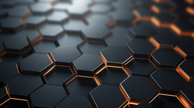 A close-up of a black honeycomb pattern with glowing orange edges. The abstract design creates a modern and futuristic feel.