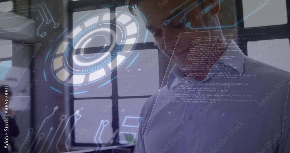 Poster animation of data processing and scope scanning over caucasian man using smartphone