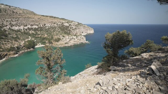 View of Holy Monastery of Archangel Michael of Thassos and Livadi Beach from elevated position, Astrida, Thassos, Aegean Sea, Greek Islands, Greece, Europe