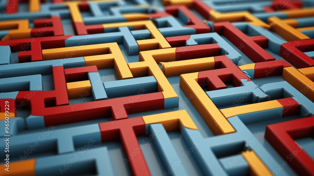 Poster a colorful abstract maze with a focus on the red, yellow, and blue elements, creating a sense of dep
