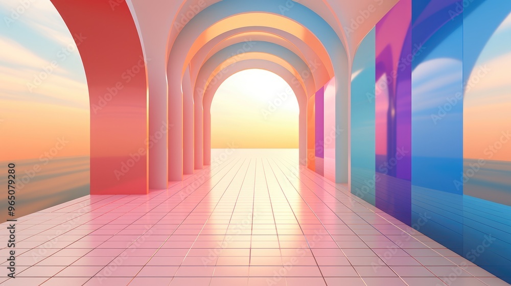 Poster a colorful and abstract architectural design with arches and columns. the bright colors and smooth s