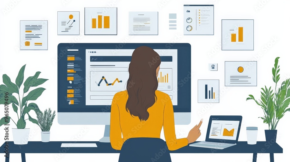 Poster data-driven decisions: a woman focused on her computer screen, surrounded by charts and graphs, show