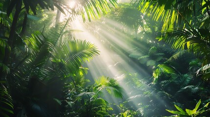 Sunlight shines through lush green foliage in a tropical forest.