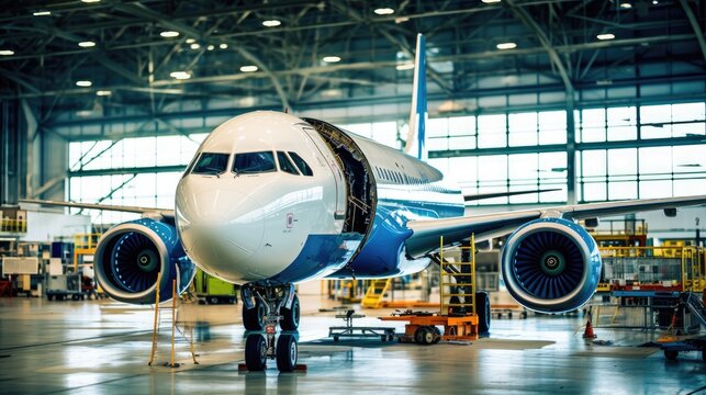 A commercial airplane sits in a hangar, undergoing maintenance. - Powered by Adobe