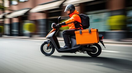 A delivery driver speeds through the city on a scooter, carrying a large orange box. The driver is wearing a helmet and safety gear.