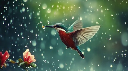 Hummingbird hovering in rain with splash