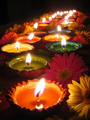 Diwali diya oil lamps with flowers holiday background. Creating a festive and decorative composition.