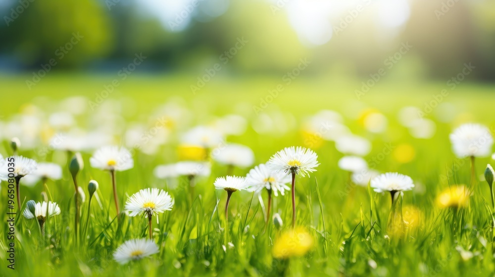 Sticker A field of delicate white daisies blooms in the soft light of a summer day.