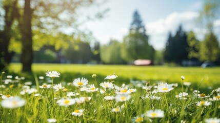 A field of daisies in full bloom, bathed in the warm glow of the sun.