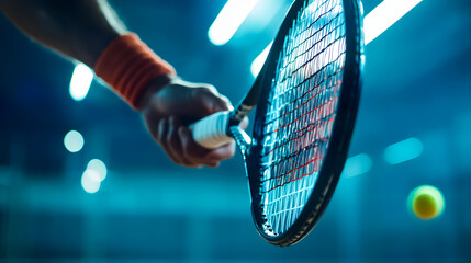 dynamic shot of a squash player gripping the racket, with the fresh overgrip tape being applied in a professional sports facility, highlighting the importance of gear maintenance