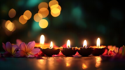 Diwali diya oil lamps with flowers holiday background. Creating a festive and decorative composition.