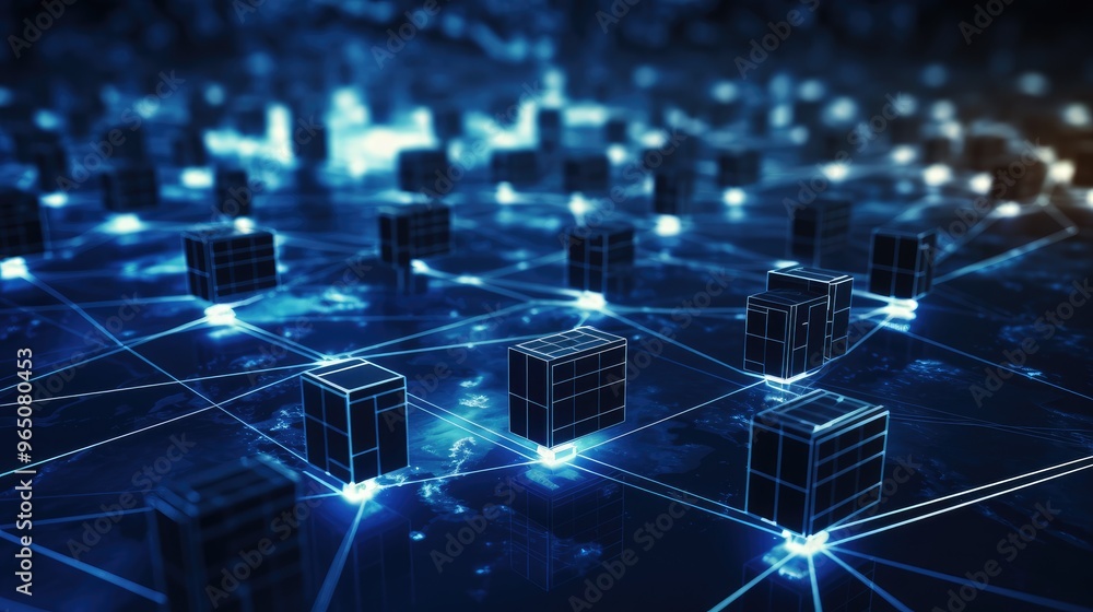 Poster a futuristic cityscape with glowing lines connecting buildings, representing a network of data and c