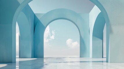A series of arches creating a hallway, with a sky visible in the distance.