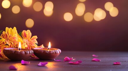 Diwali diya oil lamps with flowers holiday background. Creating a festive and decorative composition.