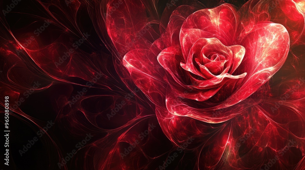 Poster surreal red rose fantasy. fractal abstract design with beautiful red rose in a space background