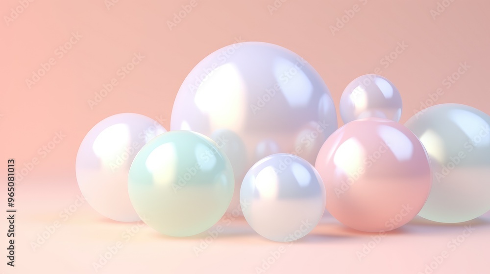 Poster a group of pastel colored spheres sit on a soft pink background. the spheres are arranged in a rando