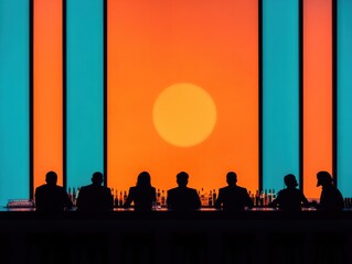 Fototapeta premium A captivating silhouette of people enjoying sunset views from a bar, creating a tranquil and inviting atmosphere.