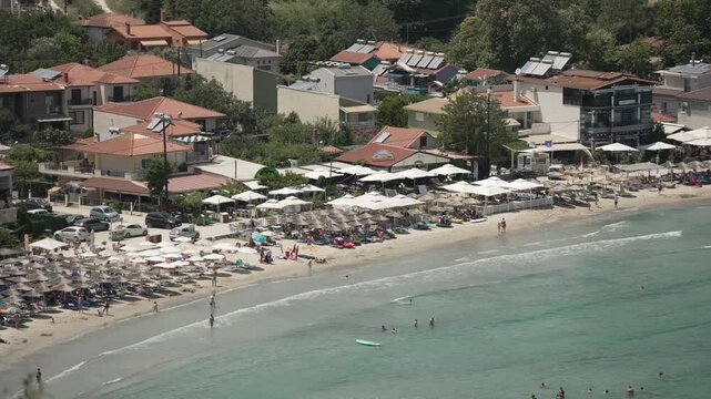 View of beach and town at Chrysi Ammoudia from elevated position, Chrysi Ammoudia, Thassos, Aegean Sea, Greek Islands, Greece, Europe
