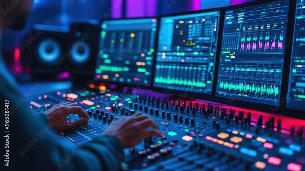 Poster a close-up of a sound engineer adjusting audio levels on a digital mixer, showcasing vibrant lights 