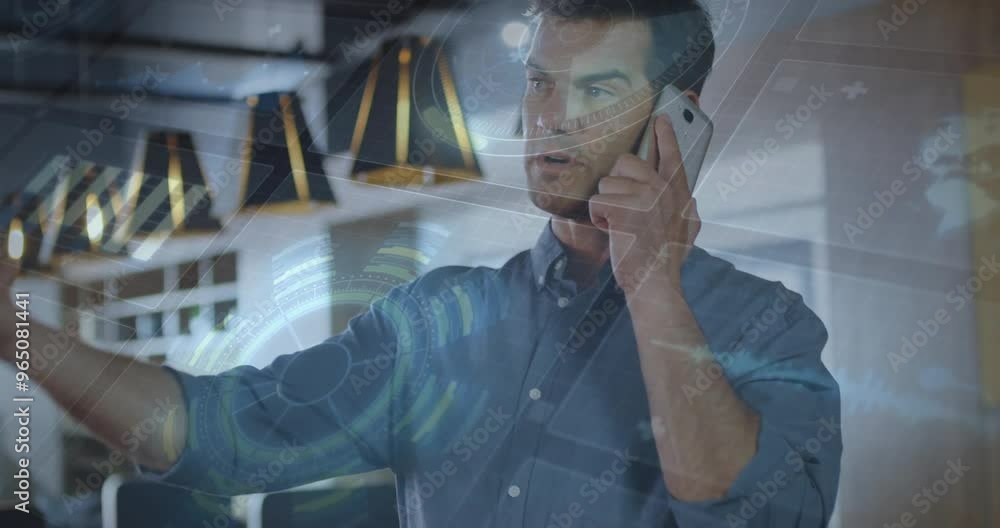 Poster animation of data processing and scope scanning over caucasian man talking on smartphone